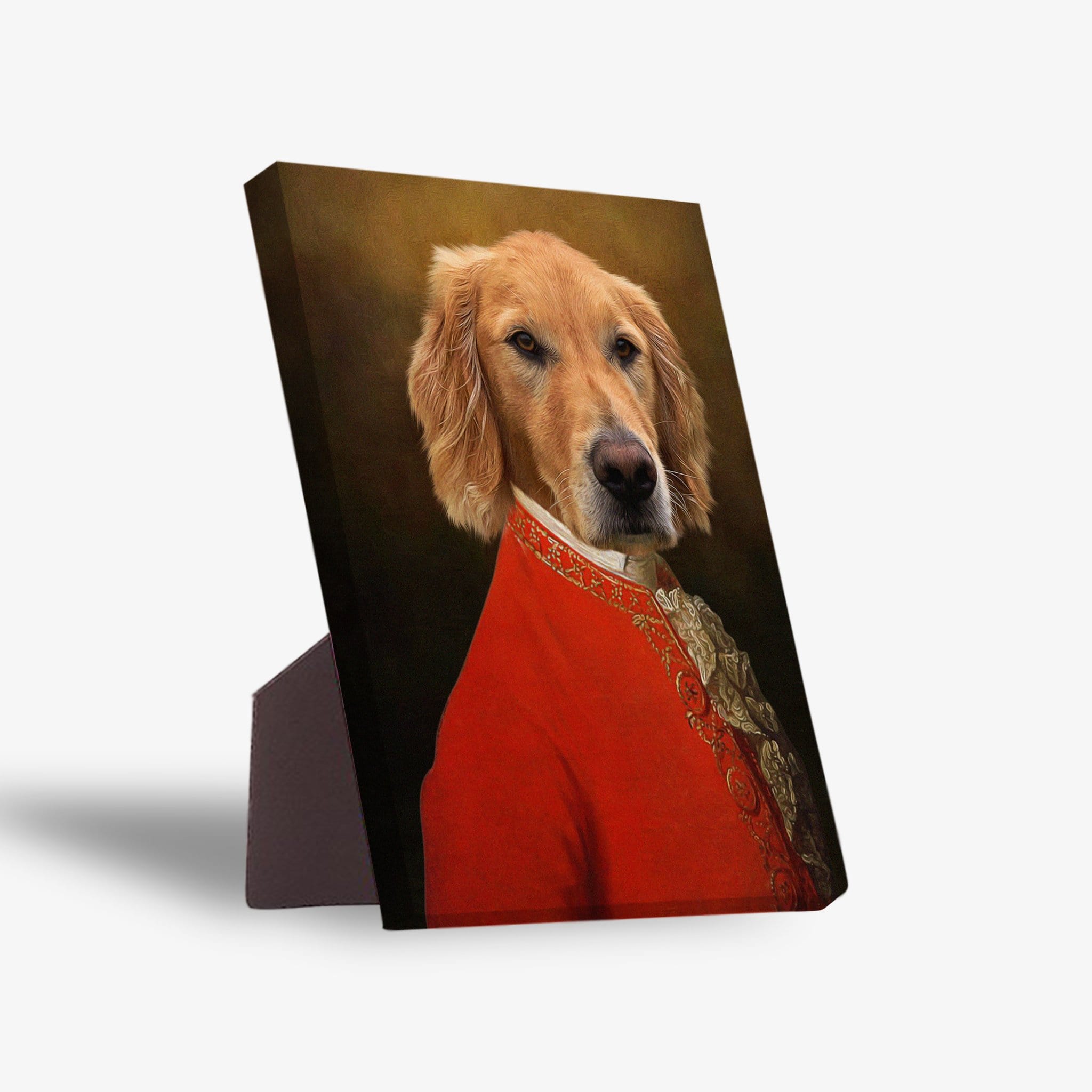 Golden Retriever in a red, ornate historical uniform on a personalized standing canvas with a sturdy back stand.