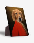 Golden Retriever in a red, ornate historical uniform on a personalized standing canvas with a sturdy back stand.
