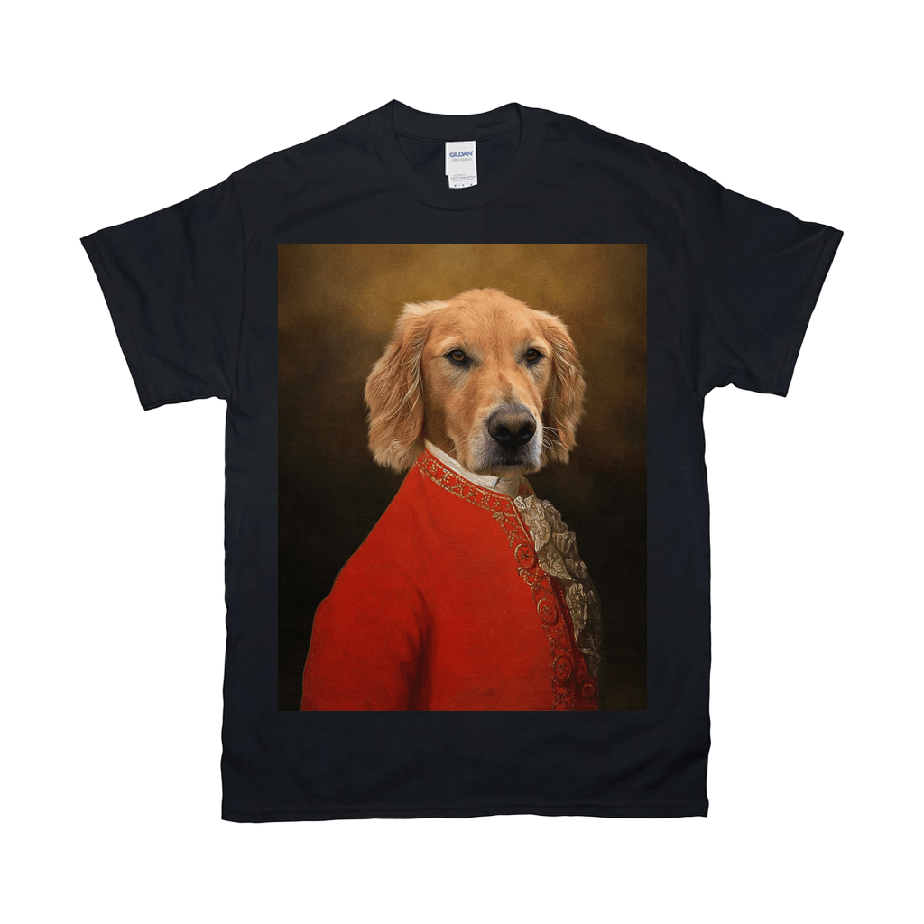 Black Gildan t-shirt featuring a golden retriever in a red, ornate historical jacket.
