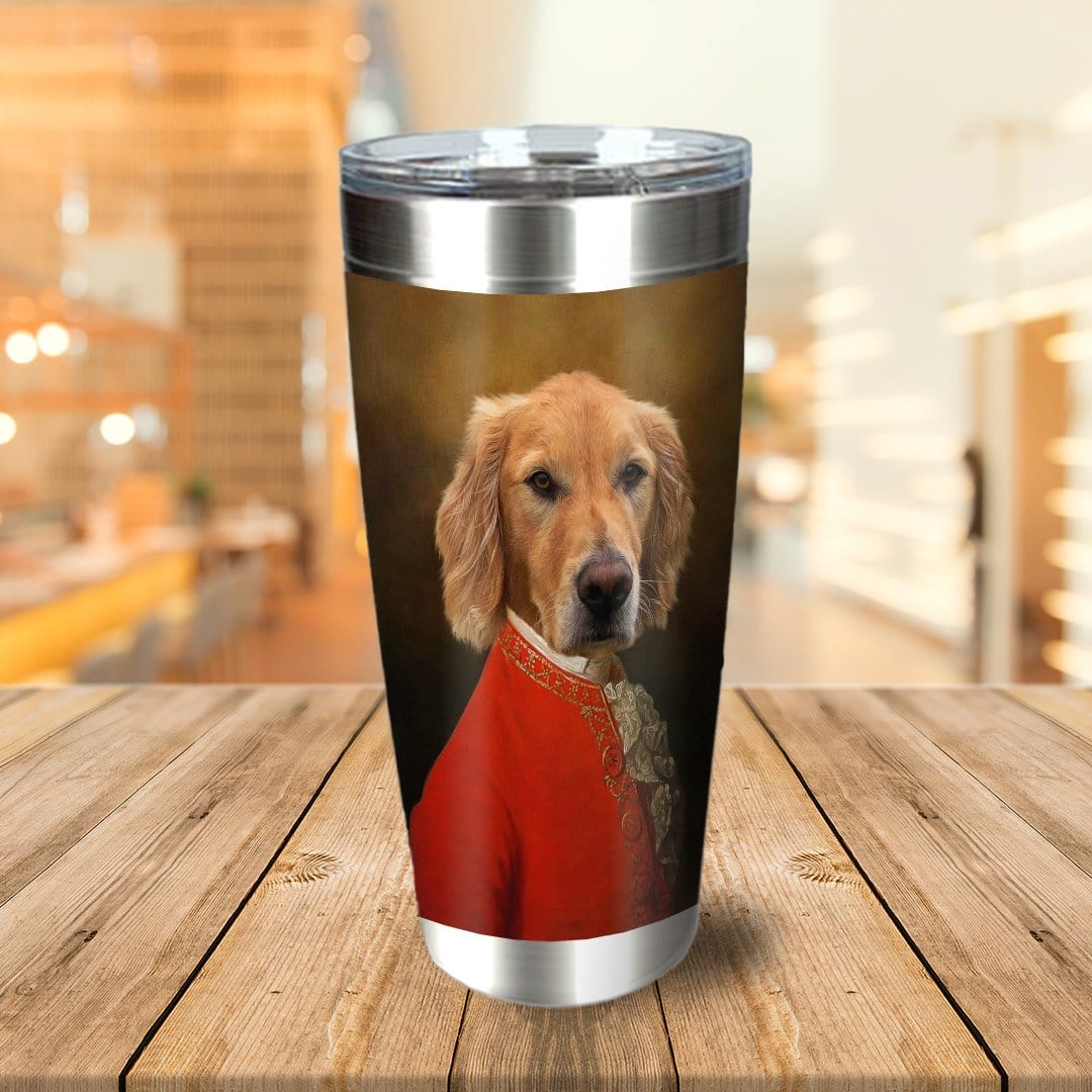 Personalized stainless steel tumbler with a custom royal renaissance portrait of a golden retriever in a red jacket.