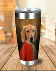 Personalized stainless steel tumbler with a custom royal renaissance portrait of a golden retriever in a red jacket.