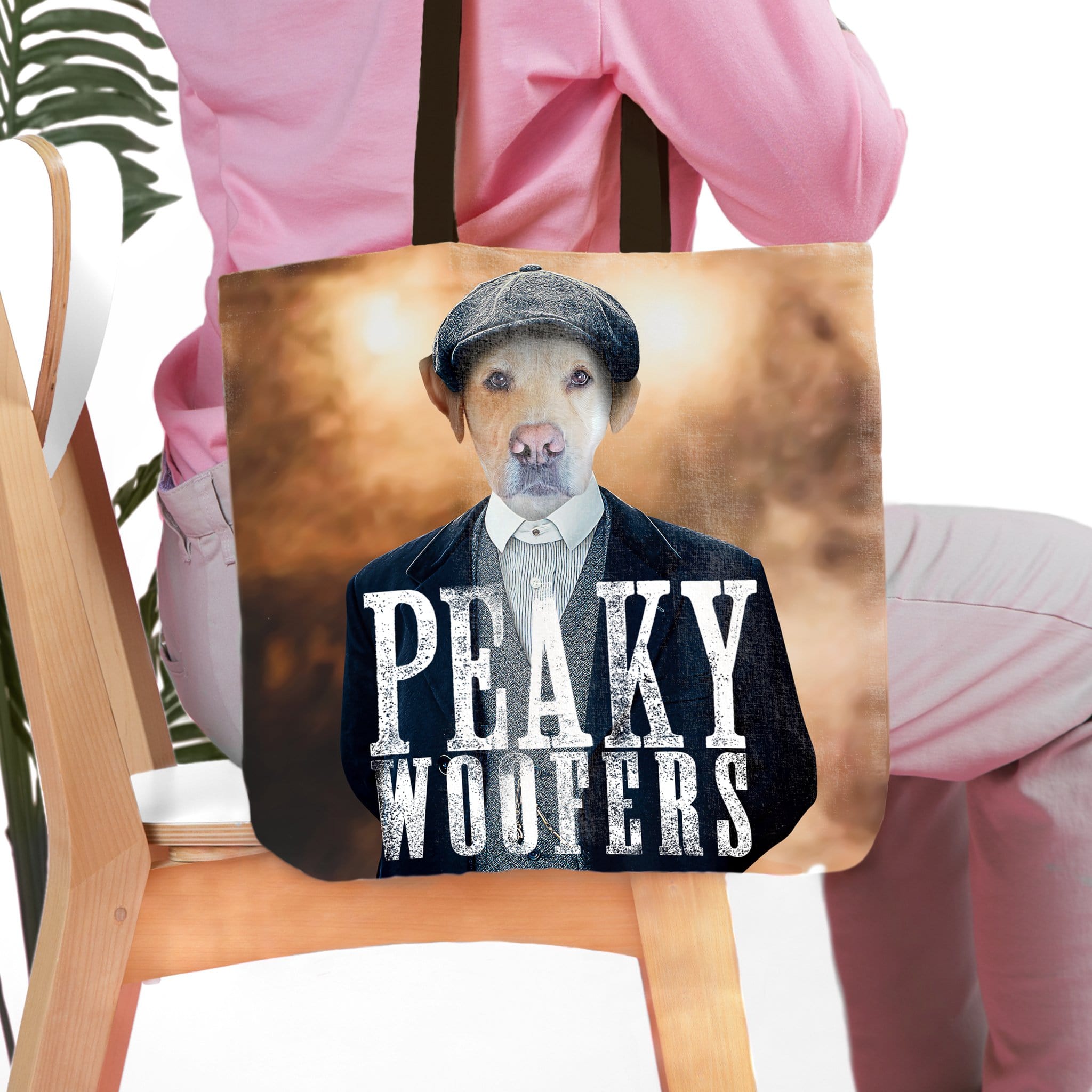 Personalized "Peaky Woofer" tote bag with a custom dog portrait in a Peaky Blinders style.