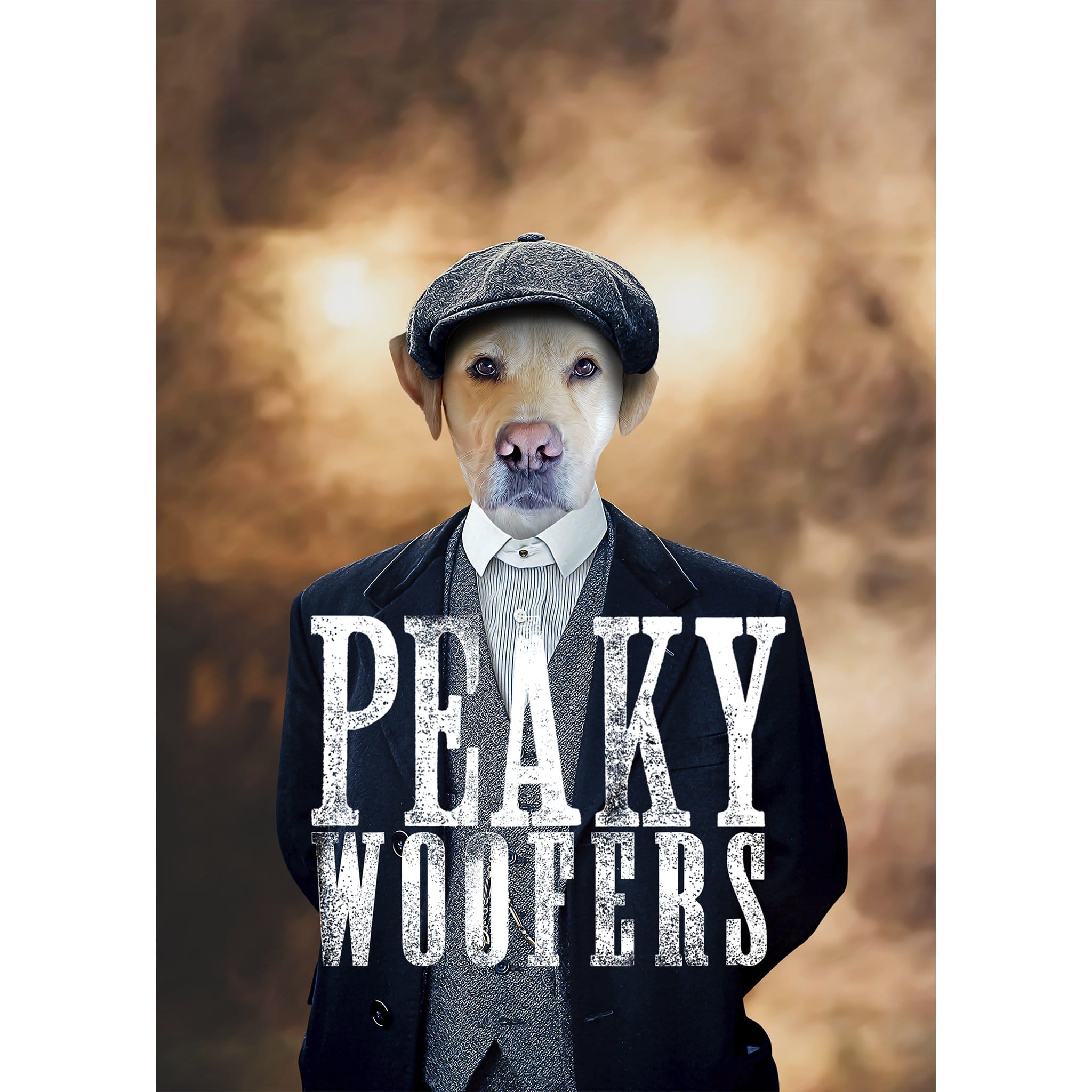 Custom digital portrait of a dog in a Peaky Blinders-style suit and cap, with "Peaky Woofers" text.