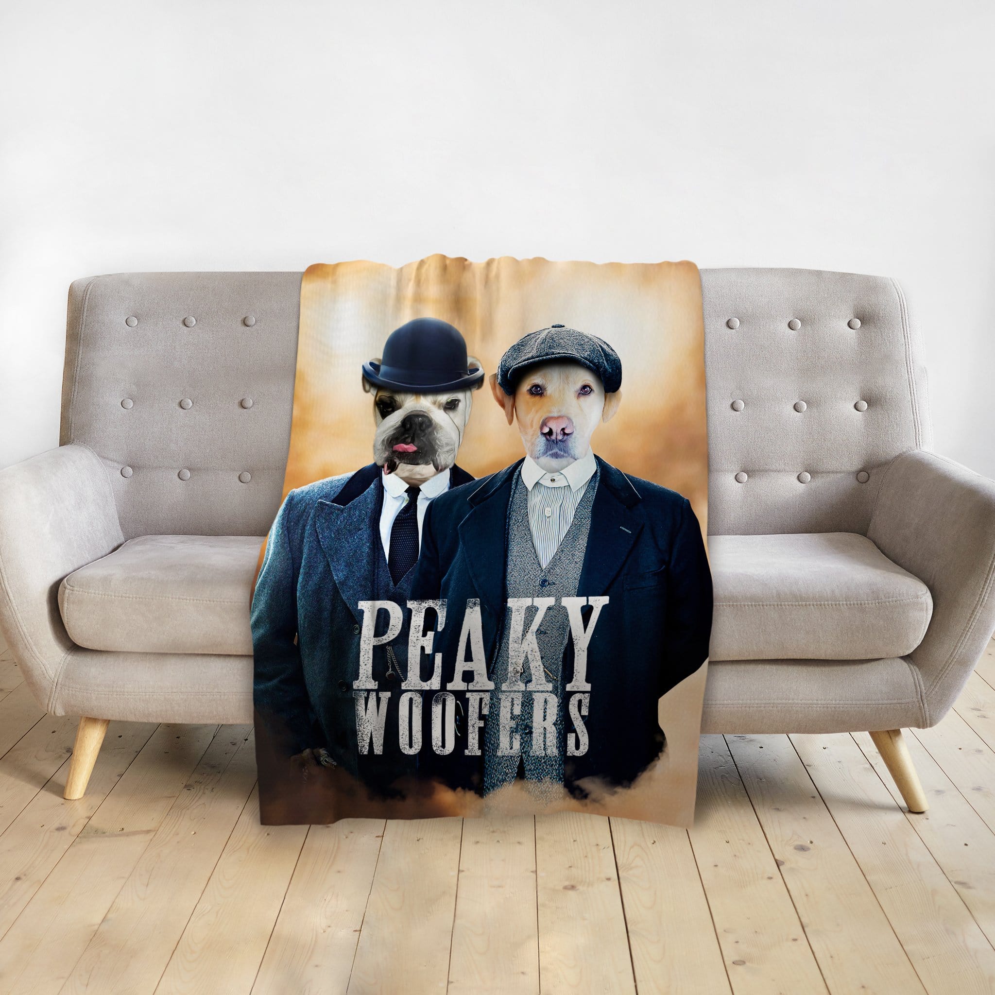 Custom personalized blanket with two dogs in "Peaky Woofers" renaissance-style portraits.