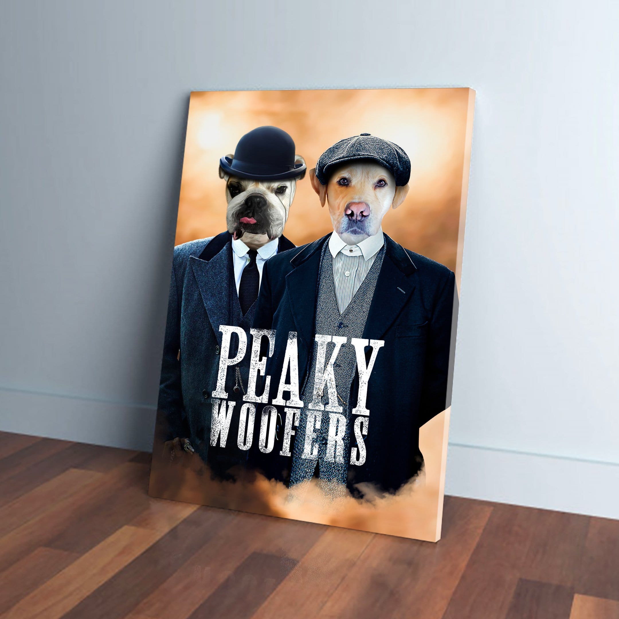 Custom canvas featuring two pets dressed as "Peaky Woofers" characters, leaning against a wall.