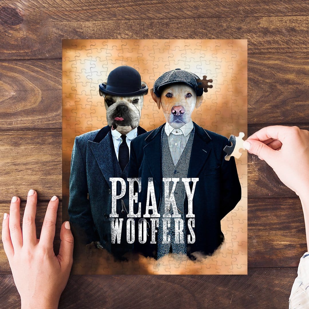 Custom Peaky Woofers personalized 2-pet puzzle featuring dogs in suits and hats.
