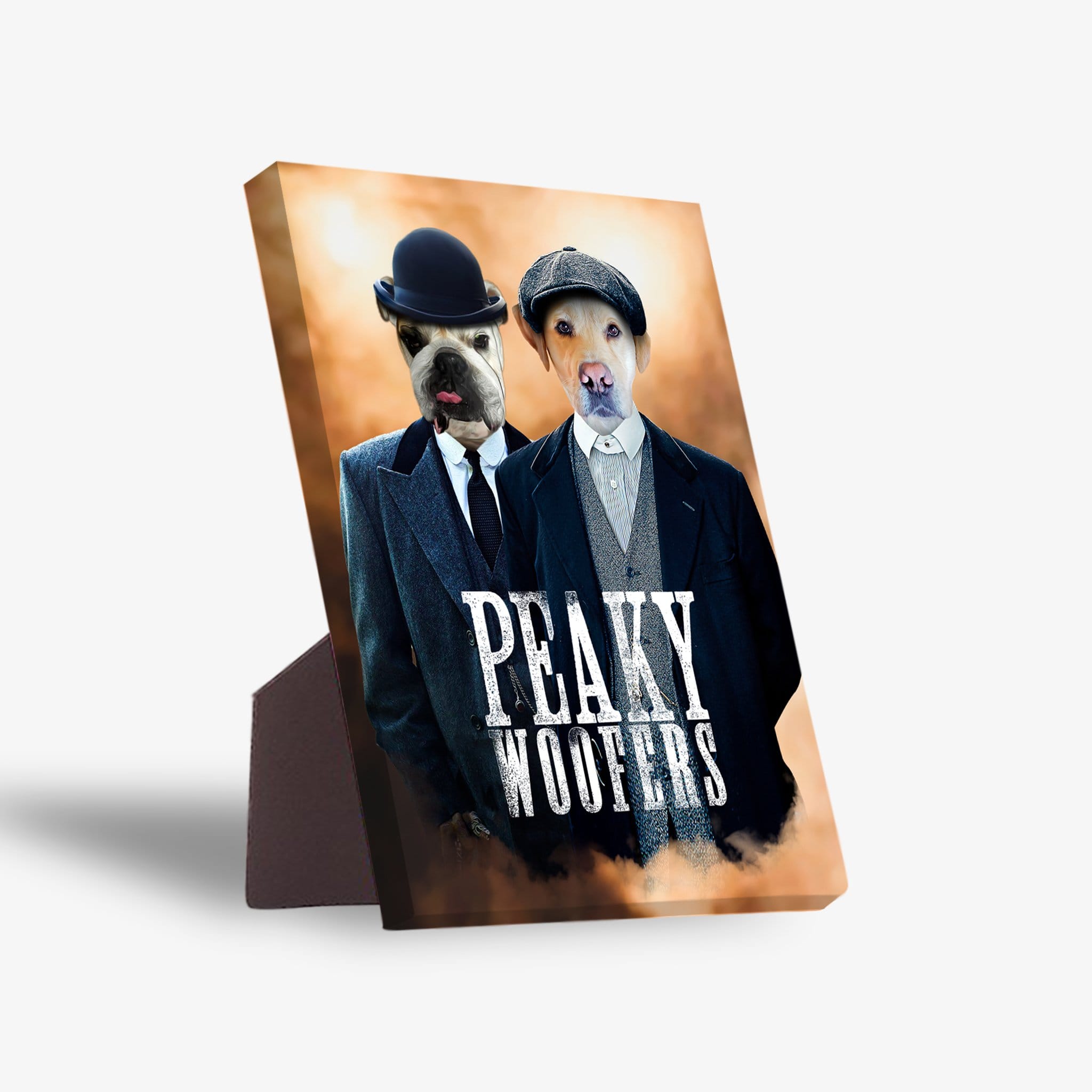 Personalized "Peaky Woofers" standing canvas featuring two pets in vintage suits and hats.