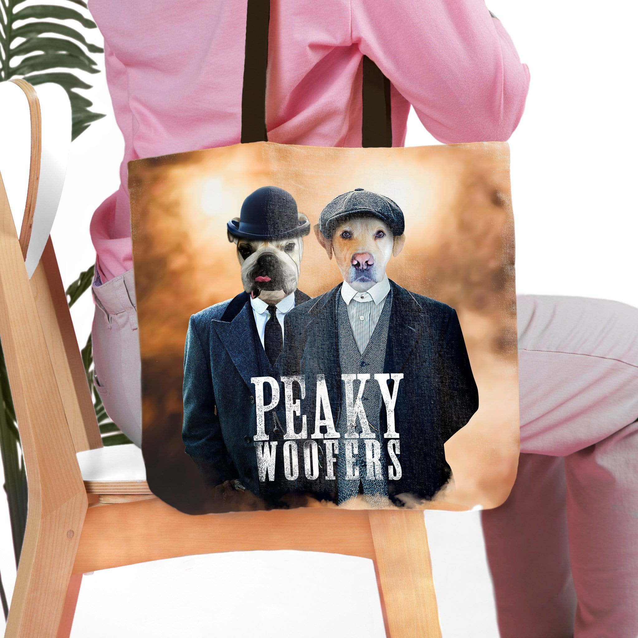Personalized "Peaky Woofers" tote bag with two custom pet portraits in suits and hats.