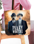 Personalized "Peaky Woofers" tote bag with two custom pet portraits in suits and hats.