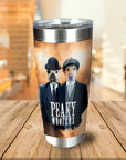 Custom stainless steel tumbler with two personalized dog portraits in "Peaky Woofers" style.