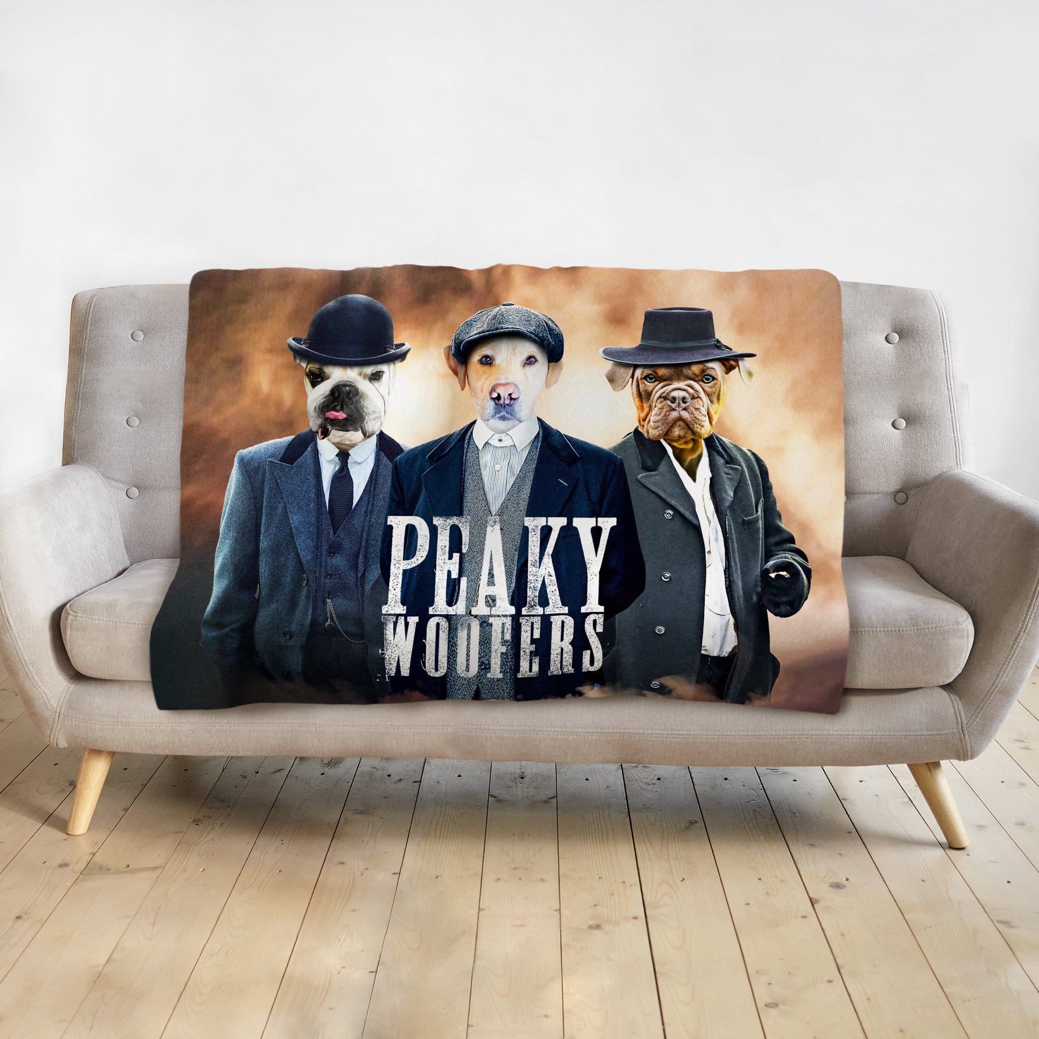 Personalized "Peaky Woofers" custom blanket featuring three dogs in renaissance-style suits.
