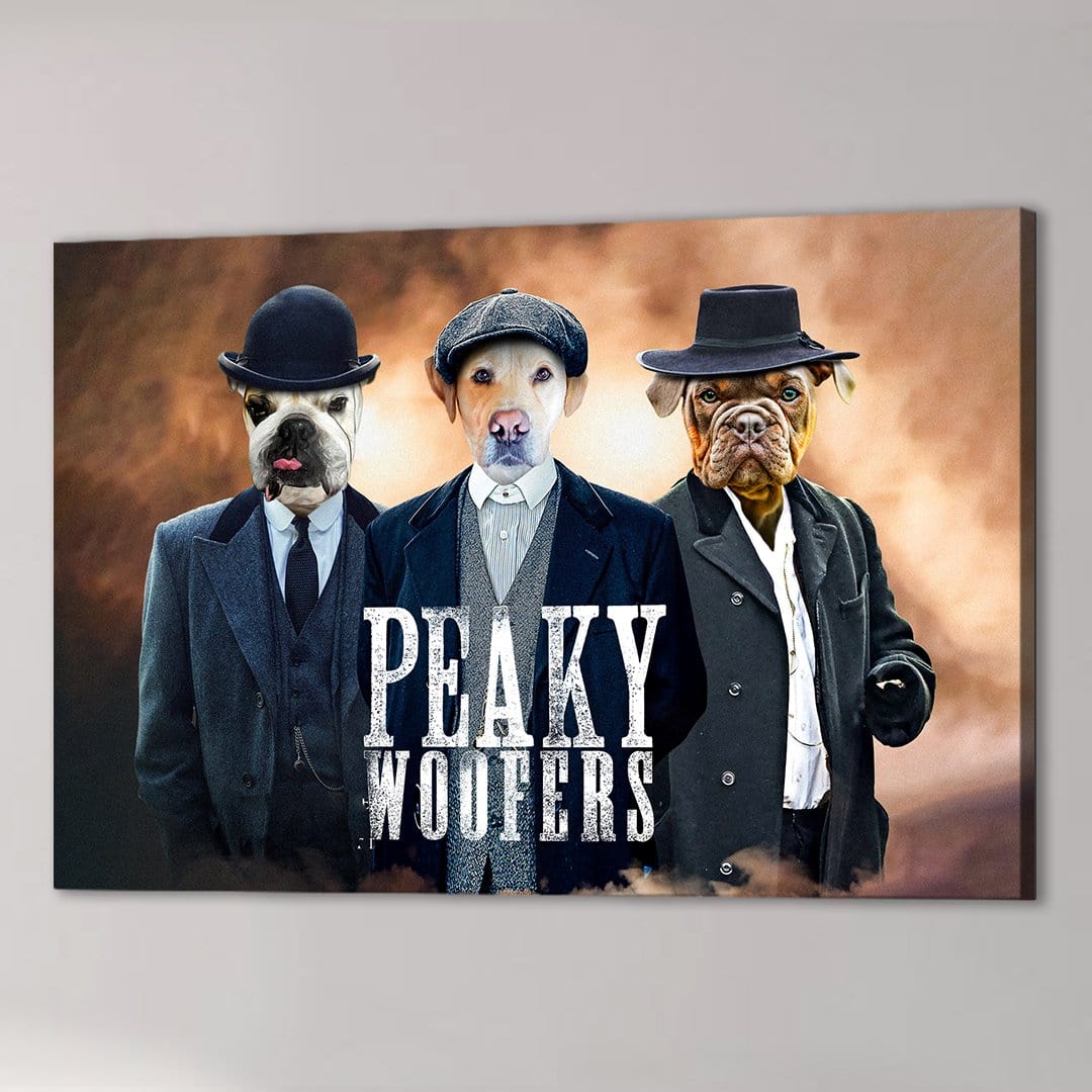 Personalized "Peaky Woofers" canvas featuring three dogs in vintage suits and hats.