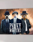 Personalized "Peaky Woofers" canvas featuring three dogs in vintage suits and hats.