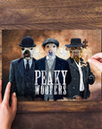 Personalized 3-pet puzzle featuring dogs in "Peaky Woofers" style, with a hand placing a piece.