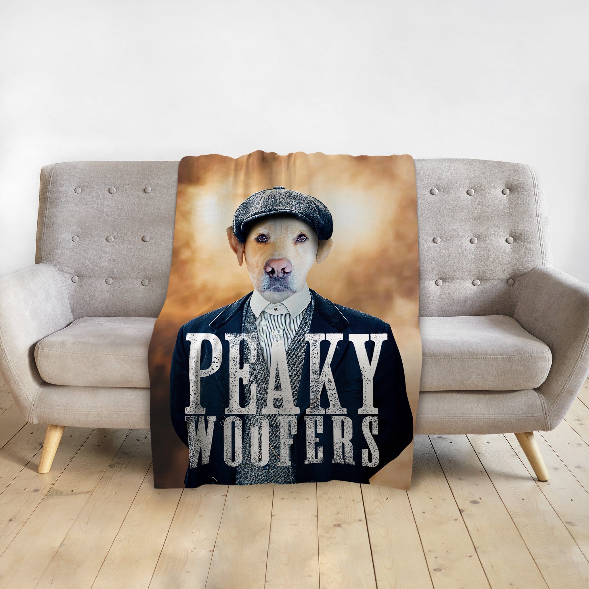 Personalized 'Peaky Woofers' pet blanket with a dog in a suit and flat cap.