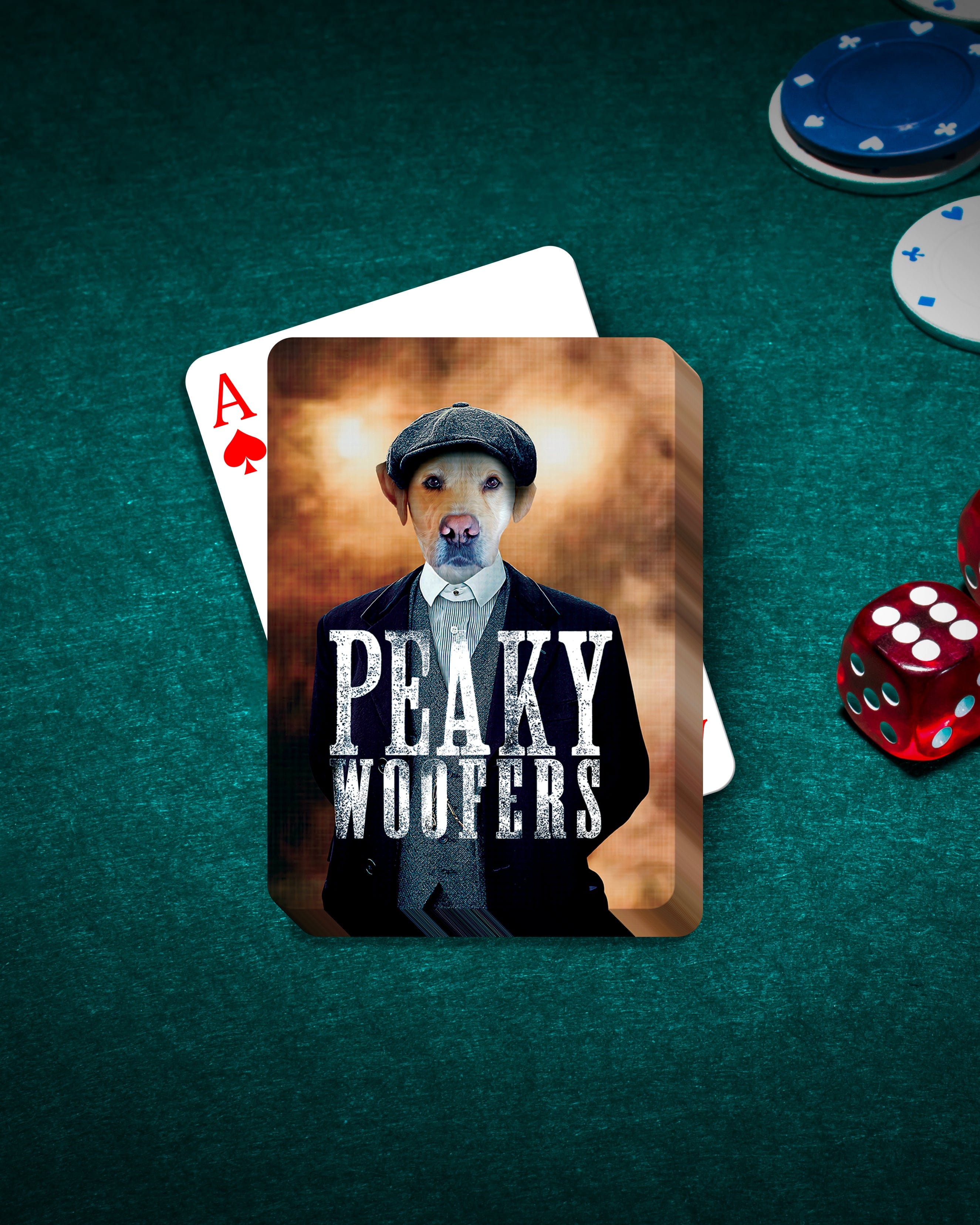Personalized 'Peaky Woofers' playing cards featuring a custom dog portrait in a suit and flat cap.