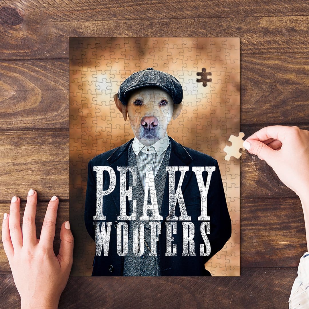 Custom "Peaky Woofers" personalized dog portrait puzzle with a missing piece being placed.