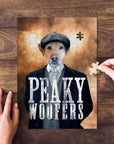 Custom "Peaky Woofers" personalized dog portrait puzzle with a missing piece being placed.