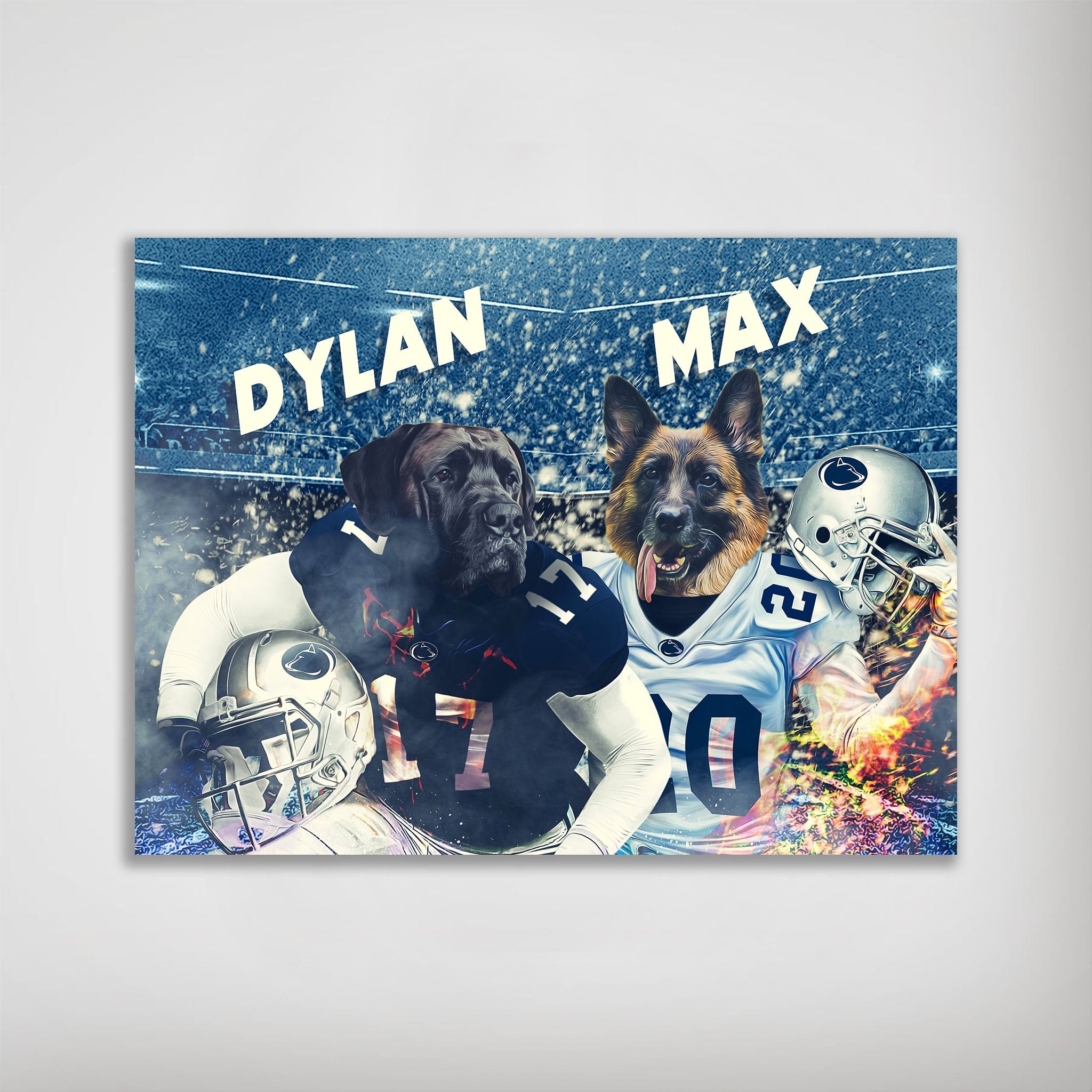 Personalized Penn State Doggos poster featuring two pets as football players in blue jerseys.