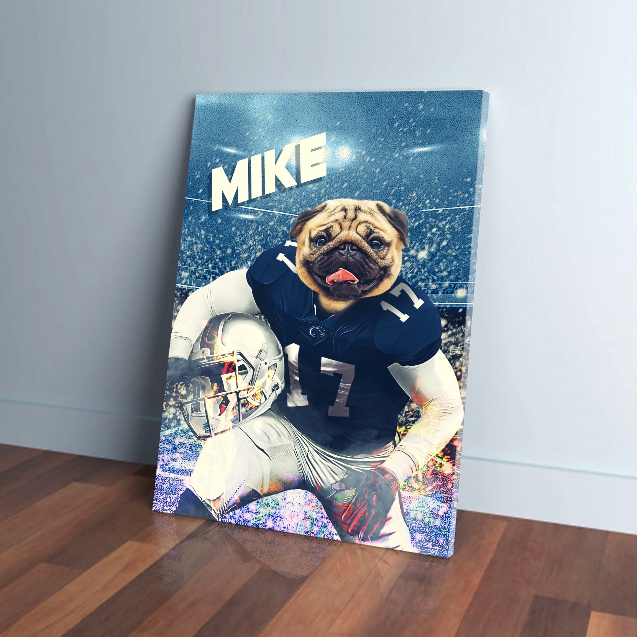 Personalized Penn State Doggos canvas featuring a pug in a blue football uniform, holding a helmet.