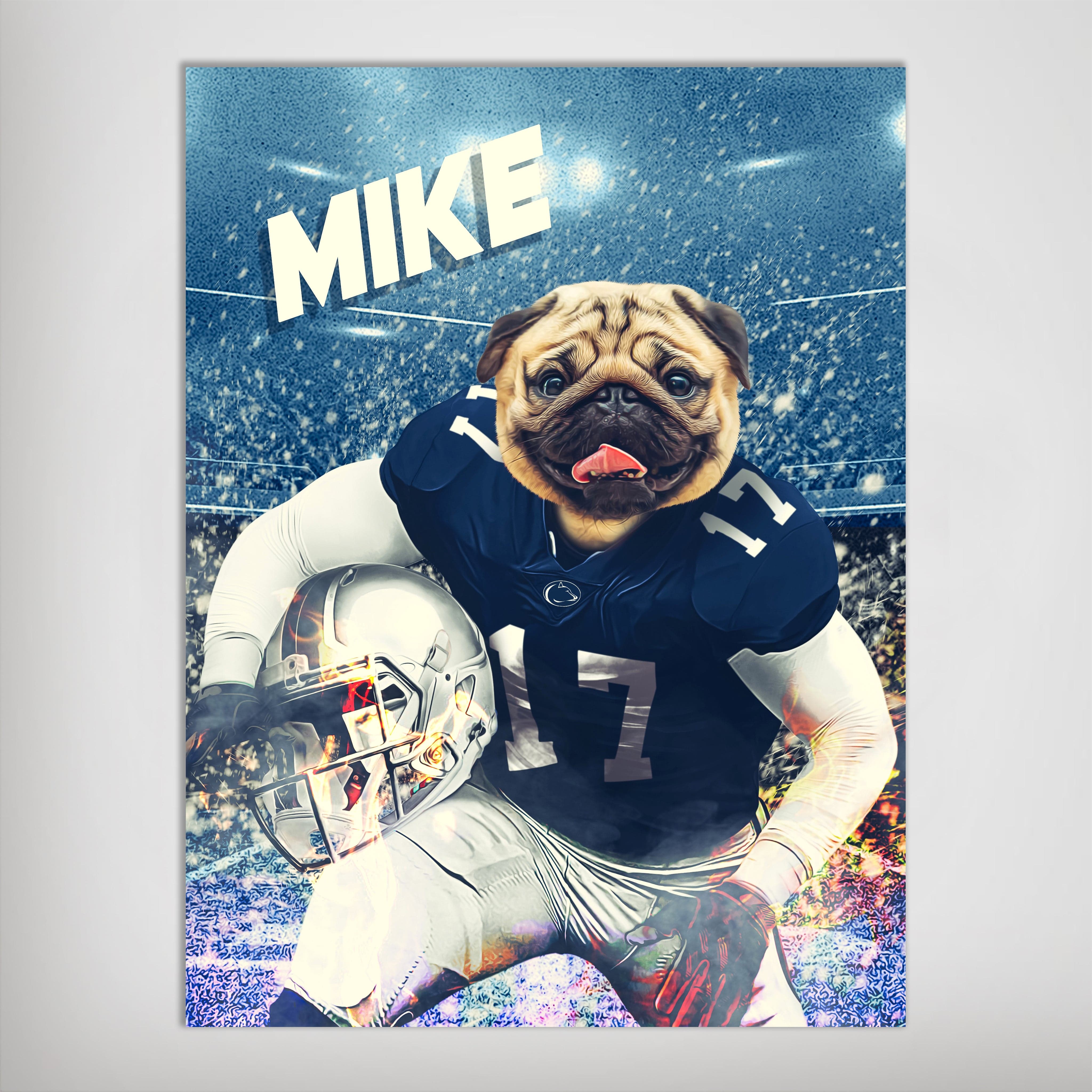 Personalized Penn State Doggos poster featuring a pug in a navy football uniform with a helmet, named "MIKE.
