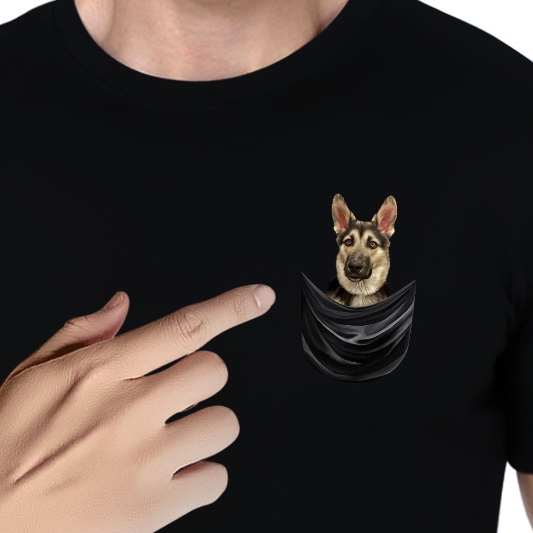 Black Gildan t-shirt with a personalized German Shepherd dog peeking from a faux pocket.