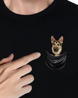 Black Gildan t-shirt with a personalized German Shepherd dog peeking from a faux pocket.