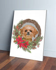 Custom pet portrait canvas featuring a cute dog in a festive Christmas wreath with red poinsettias.