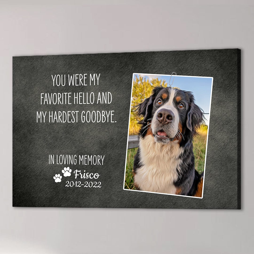 Personalized memorial pet canvas with a Bernese Mountain Dog photo and "You were my favorite hello..." quote.