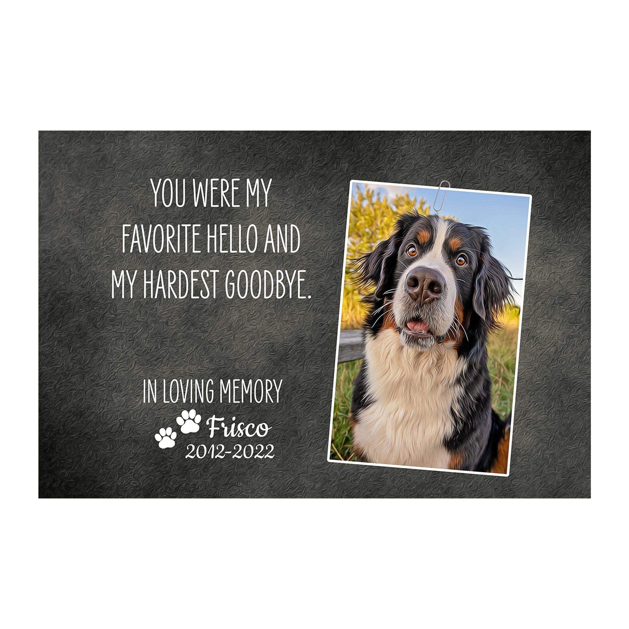 Personalized memorial pet digital portrait with a Bernese Mountain Dog photo and "In Loving Memory" text.