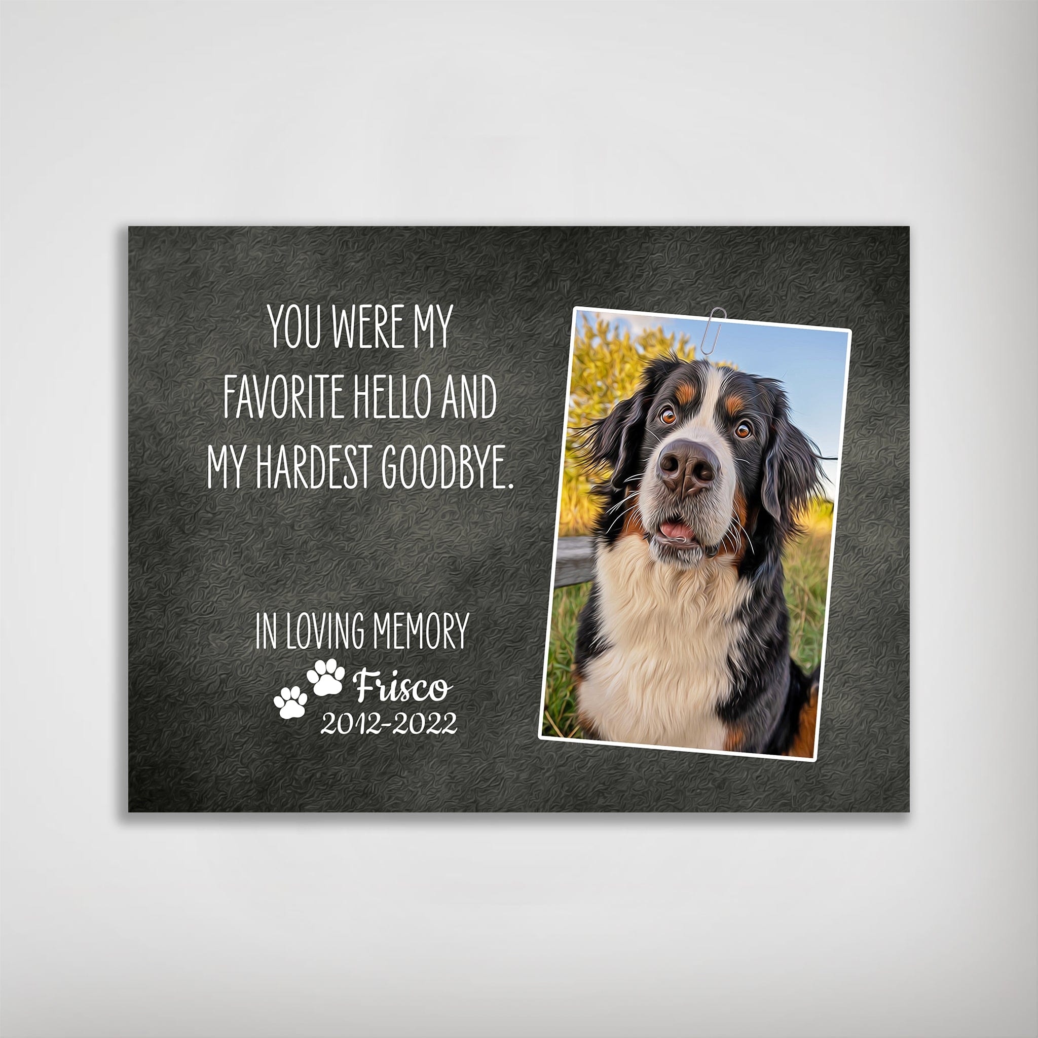 Personalized memorial pet poster with a Bernese Mountain Dog photo, "You were my favorite hello and my hardest goodbye," and "In Loving Memory Frisco 2012-2022" on a dark background.