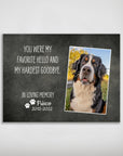 Personalized memorial pet poster with a Bernese Mountain Dog photo, "You were my favorite hello and my hardest goodbye," and "In Loving Memory Frisco 2012-2022" on a dark background.