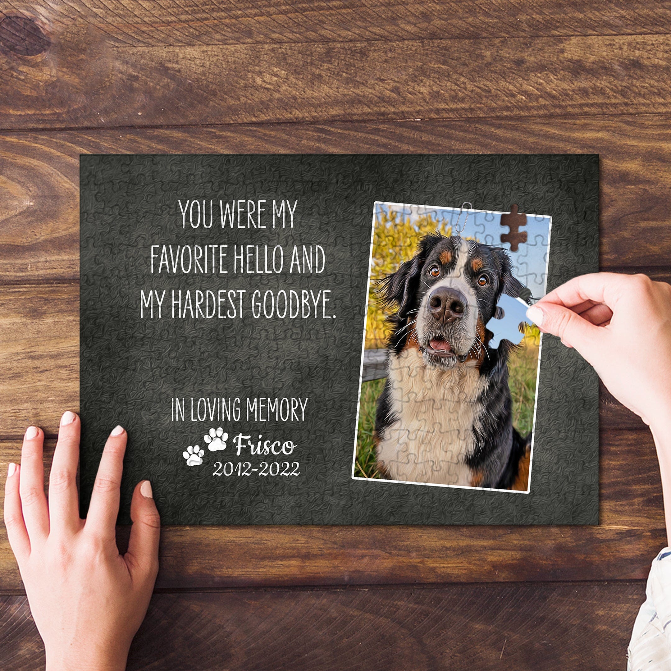 Personalized memorial pet puzzle with a Bernese Mountain Dog portrait and "In Loving Memory" text.
