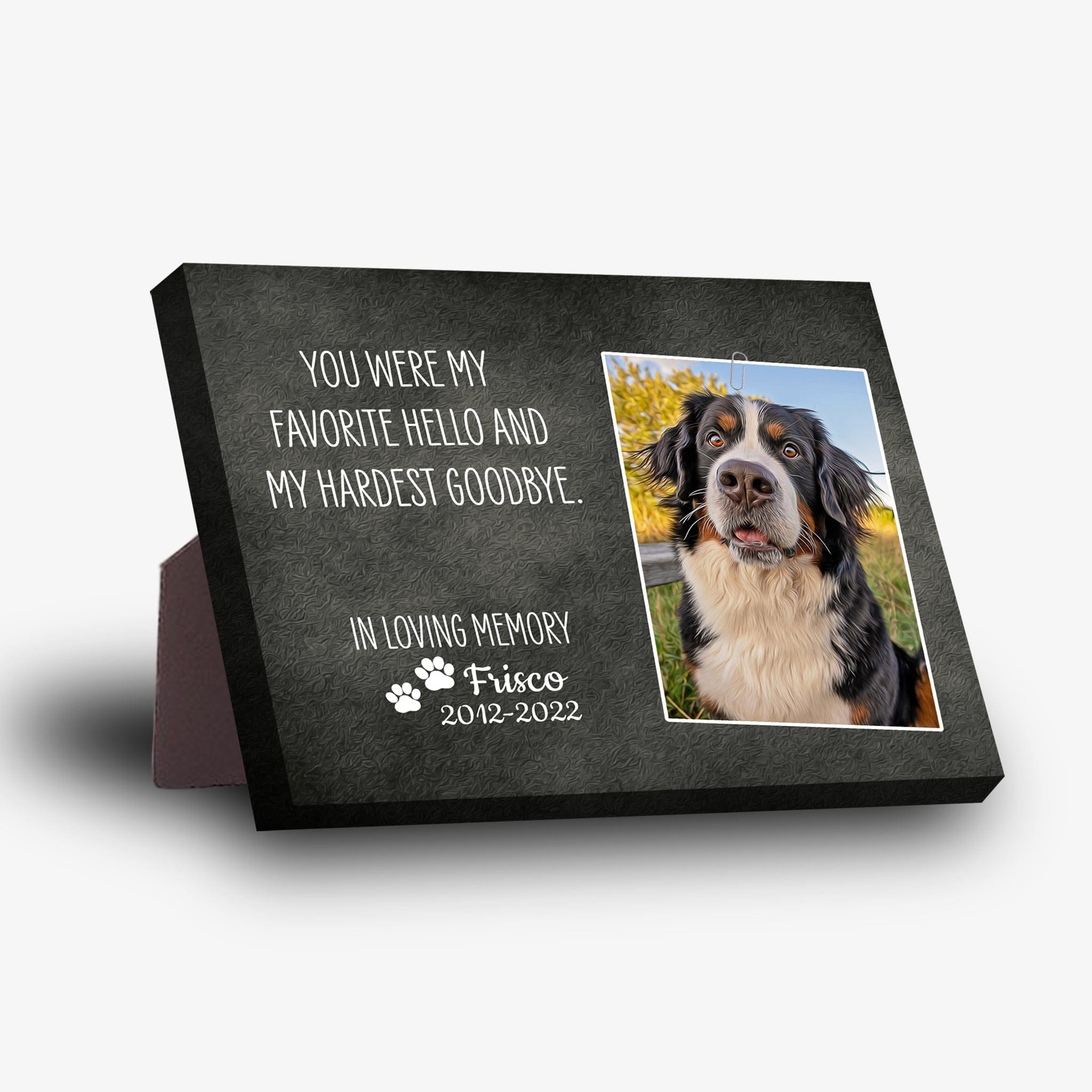 Black personalized memorial pet standing canvas with a Bernese Mountain Dog photo, "Frisco 2012-2022" and paw prints.