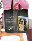 Personalized memorial pet tote bag with a Bernese Mountain Dog portrait and "YOU WERE MY FAVORITE HELLO" text.