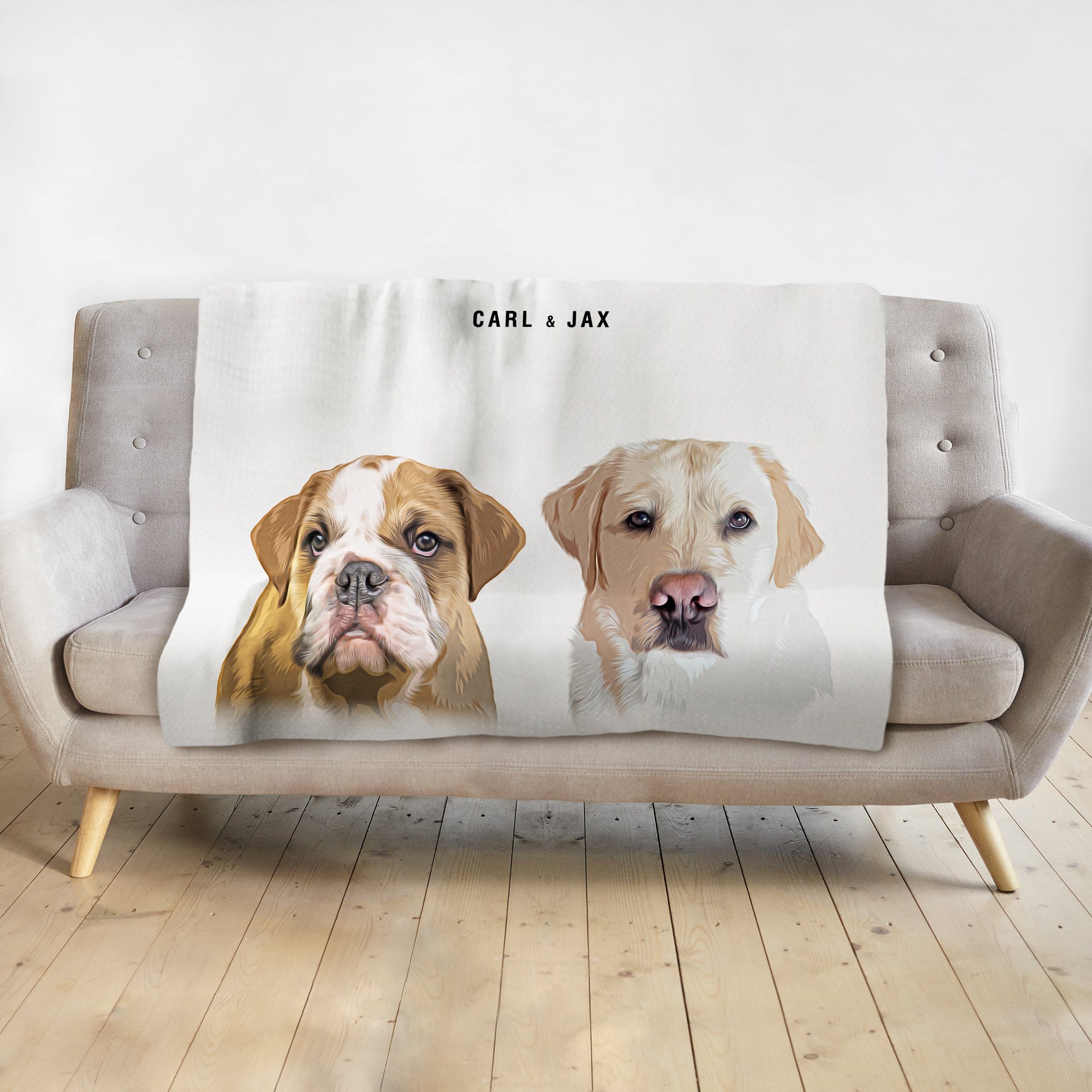 Personalized modern pet blanket with custom watercolor portraits of a bulldog and a labrador, named Carl & Jax.