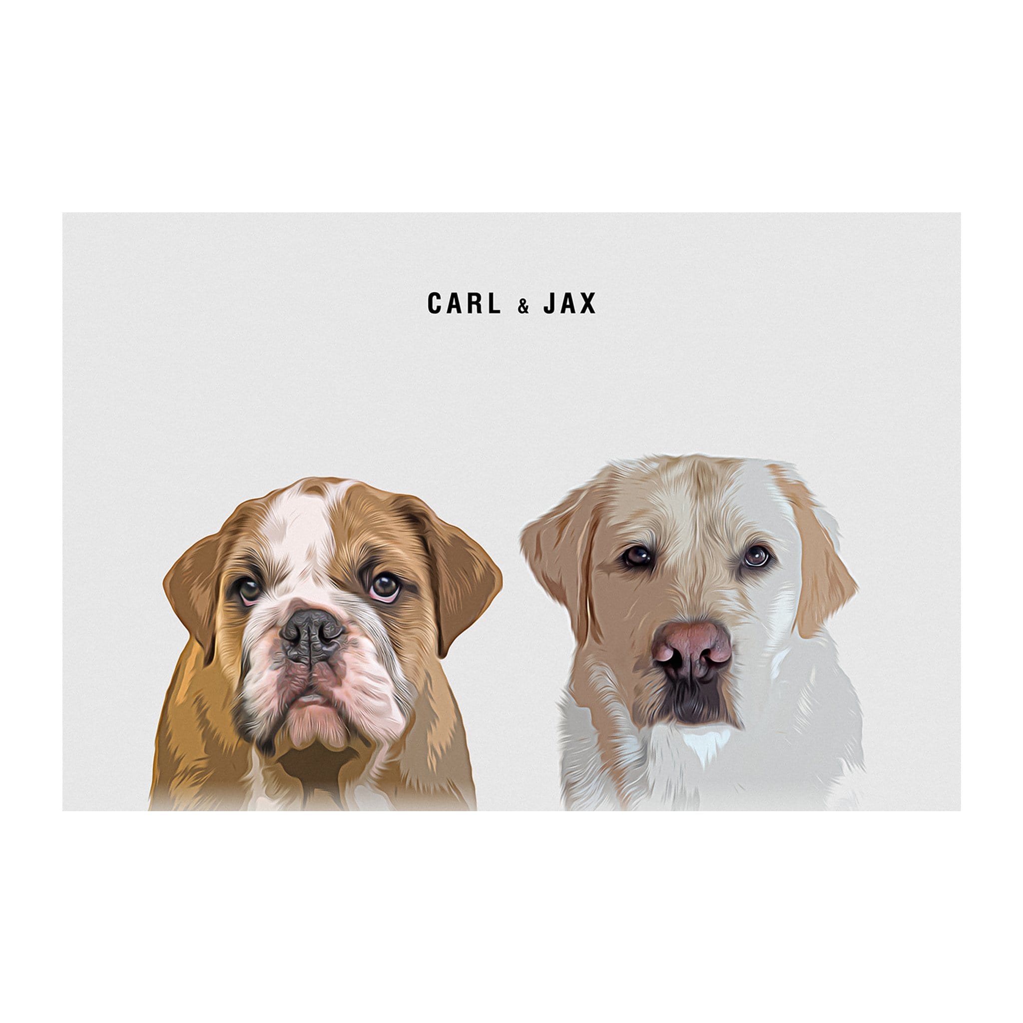 Personalized modern digital portrait of a brown bulldog and a cream labrador, named Carl & Jax.