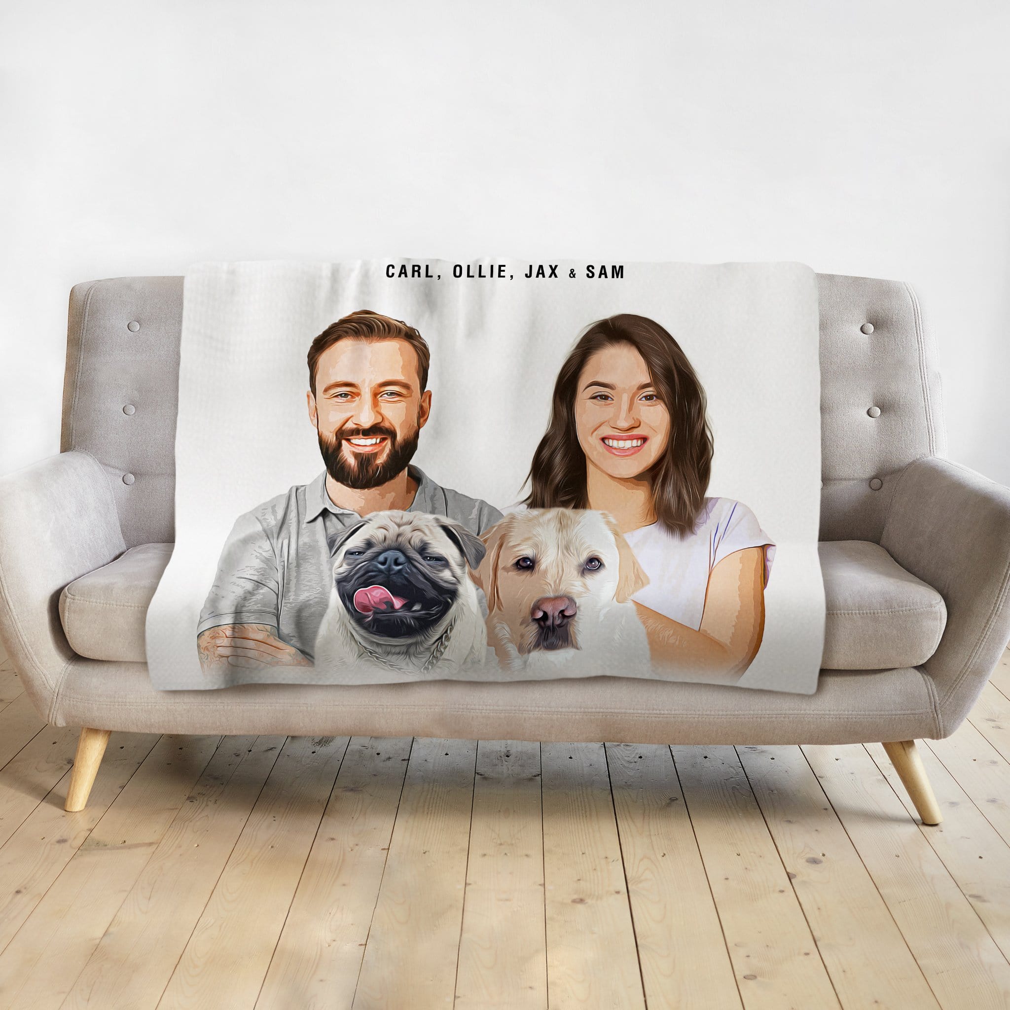 Personalized modern blanket with custom watercolor portraits of two humans, a pug, and a yellow lab.