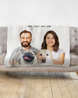 Personalized modern blanket with custom watercolor portraits of two humans, a pug, and a yellow lab.