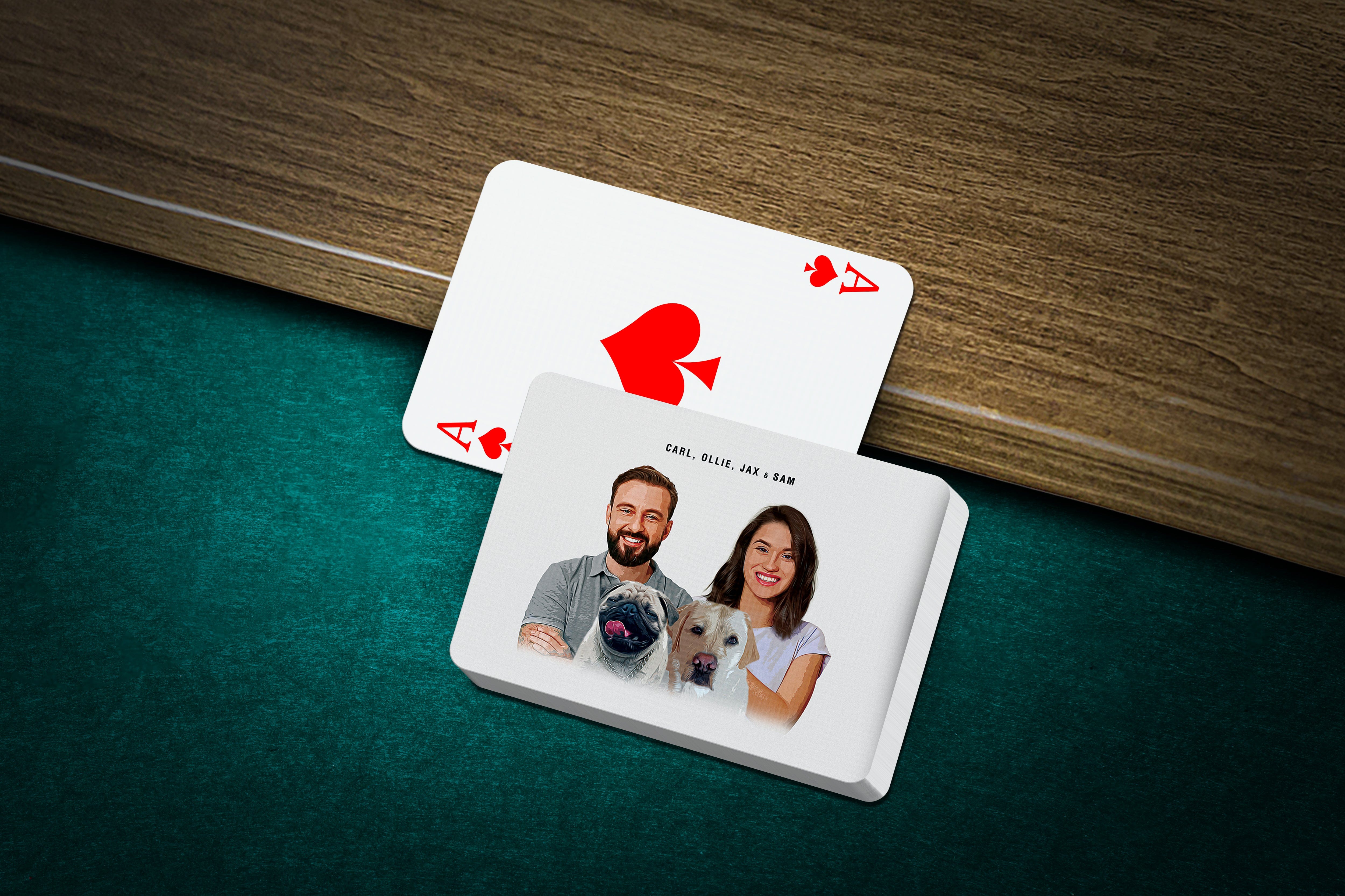 Personalized playing cards featuring a custom portrait of two humans, a pug, and a golden retriever.