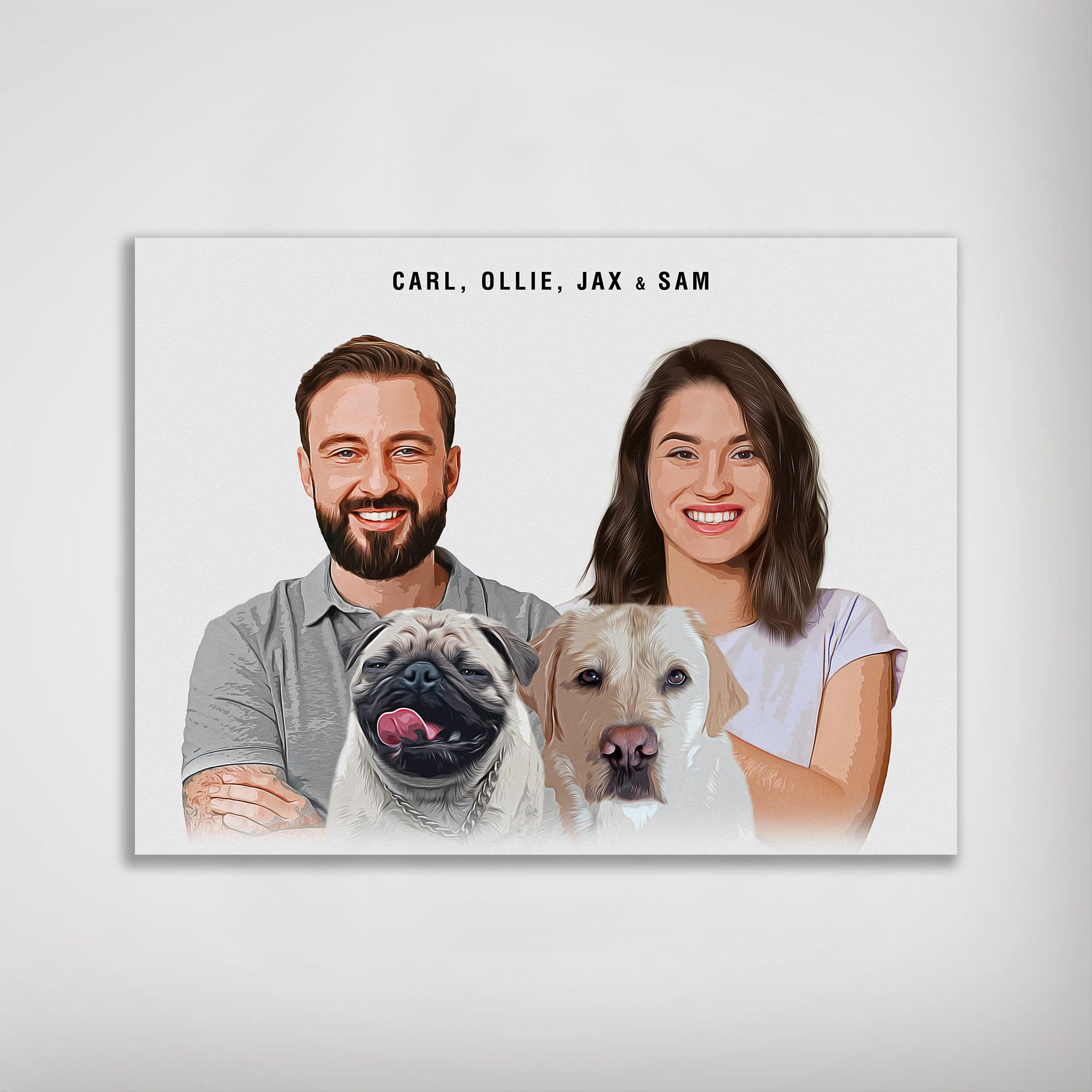 Personalized modern matte poster featuring a man, woman, pug, and golden retriever with custom names.