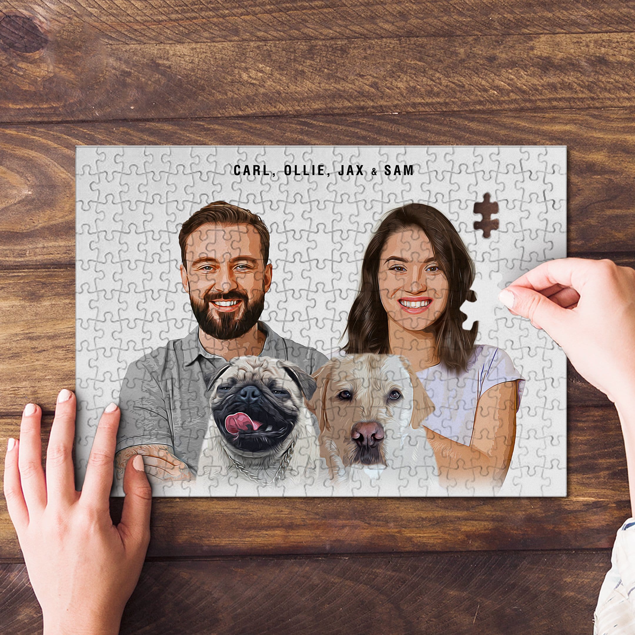 Custom modern cartoon portrait puzzle of a couple with a pug and a labrador, with a hand placing a piece.