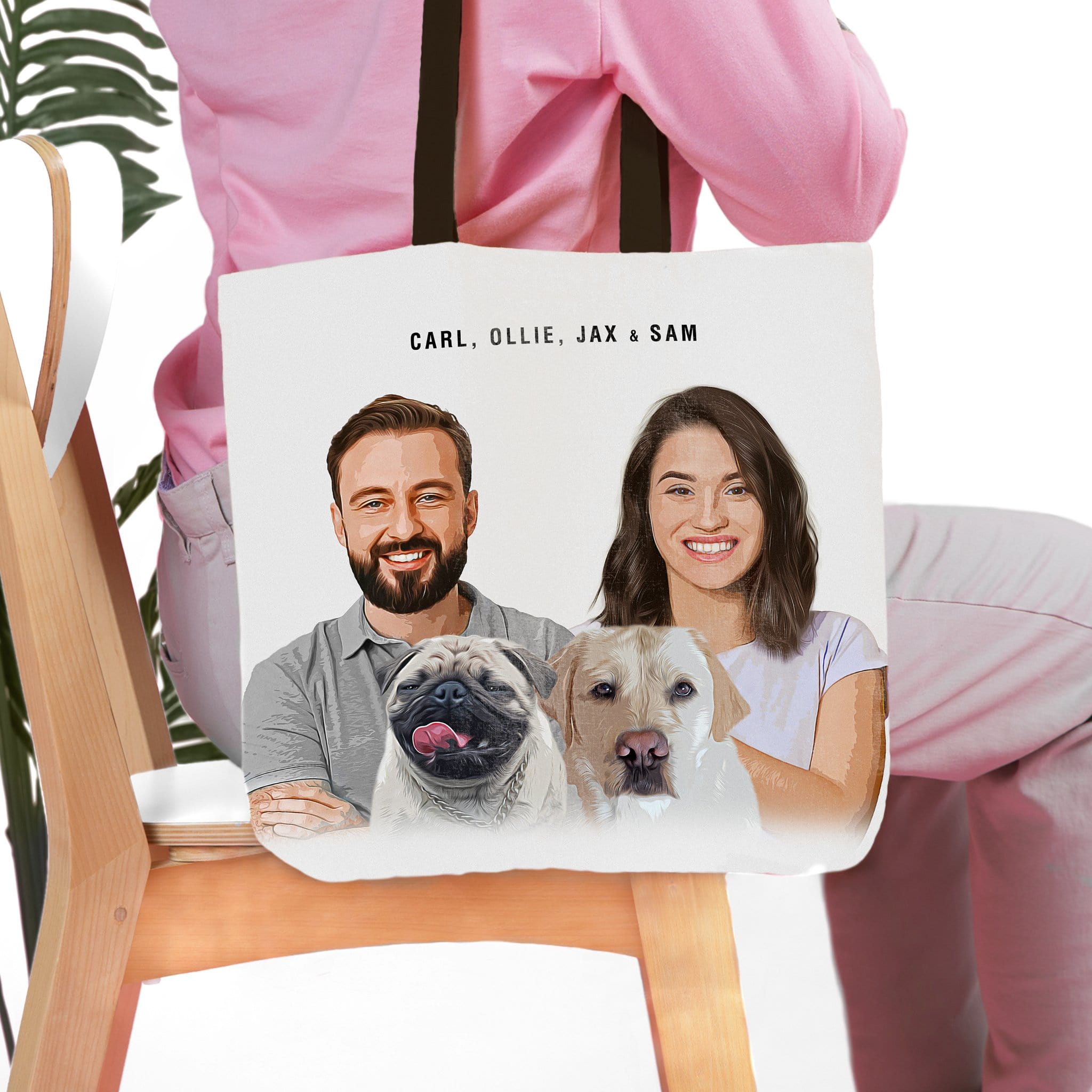 Personalized modern cartoon portrait tote bag with two humans, a pug, and a golden retriever.