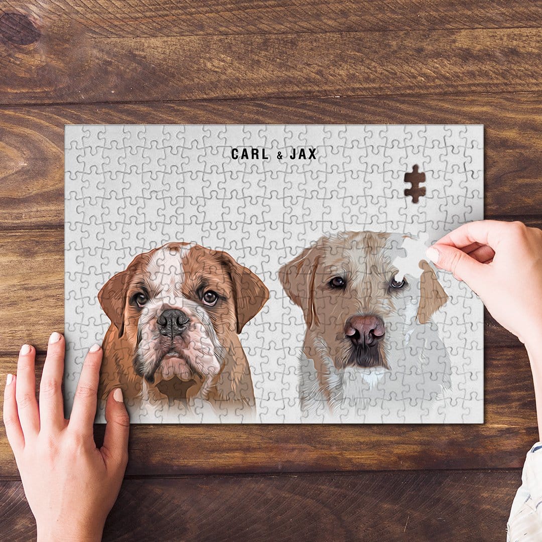 Personalized modern 2 pet puzzle featuring custom portraits of a bulldog and a labrador, with names "CARL & JAX".
