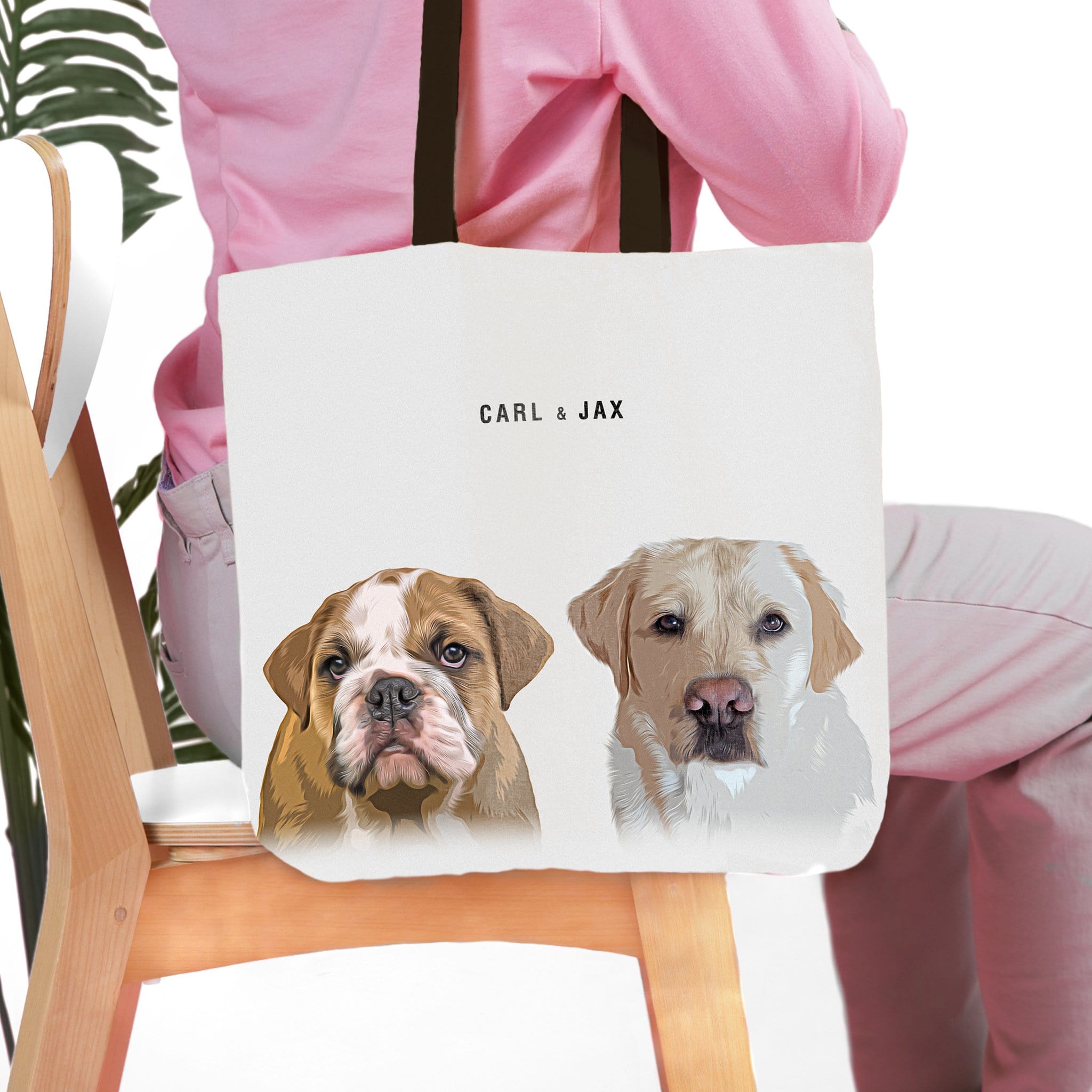 Personalized modern 2 pet tote bag with custom watercolor portraits of a bulldog and a labrador.