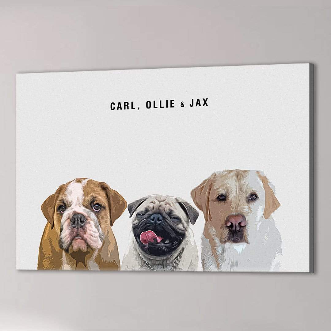 Personalized Modern 3 Pet Canvas featuring custom dog portraits on a white background with names.