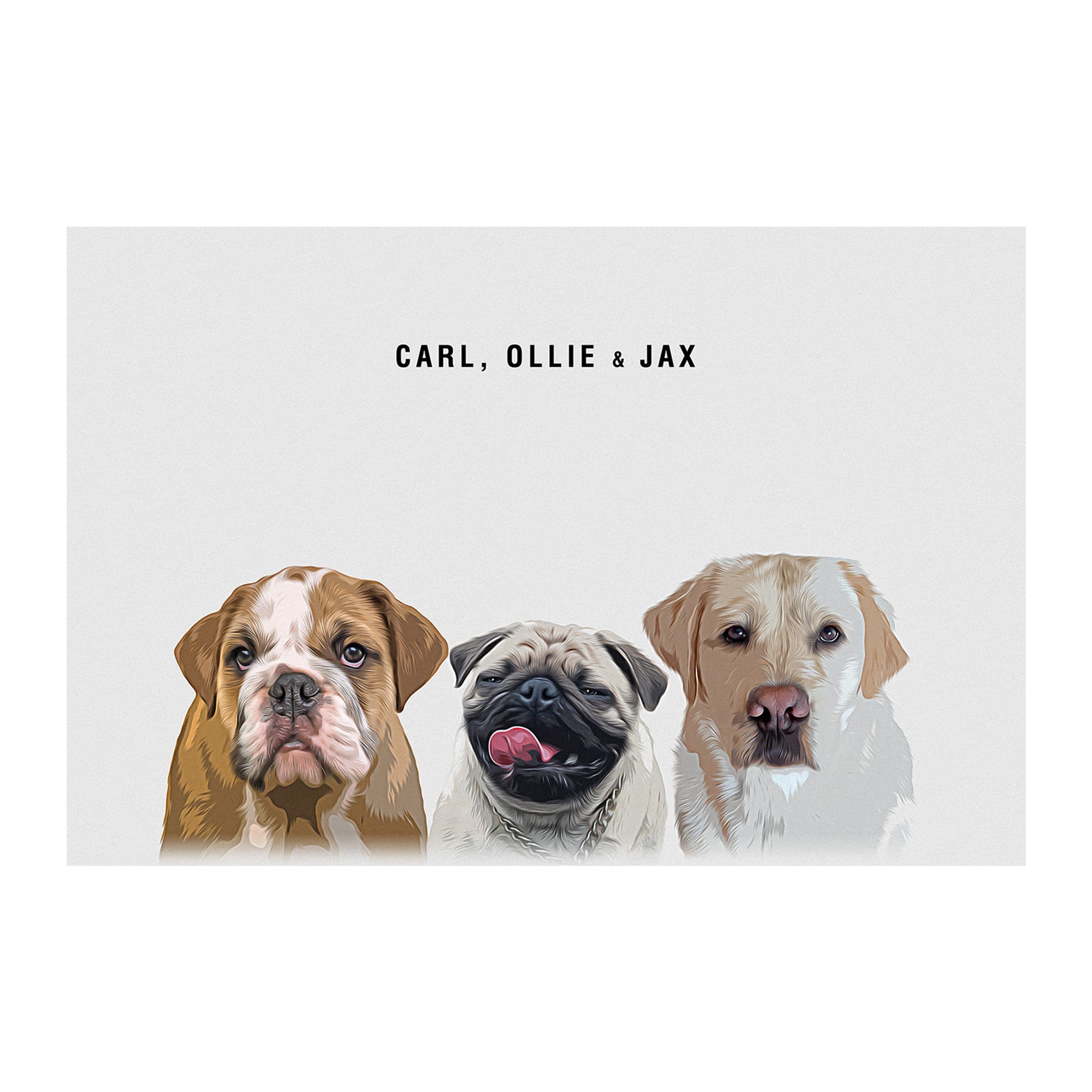Personalized modern digital portrait of three pets: a bulldog, a pug, and a labrador.