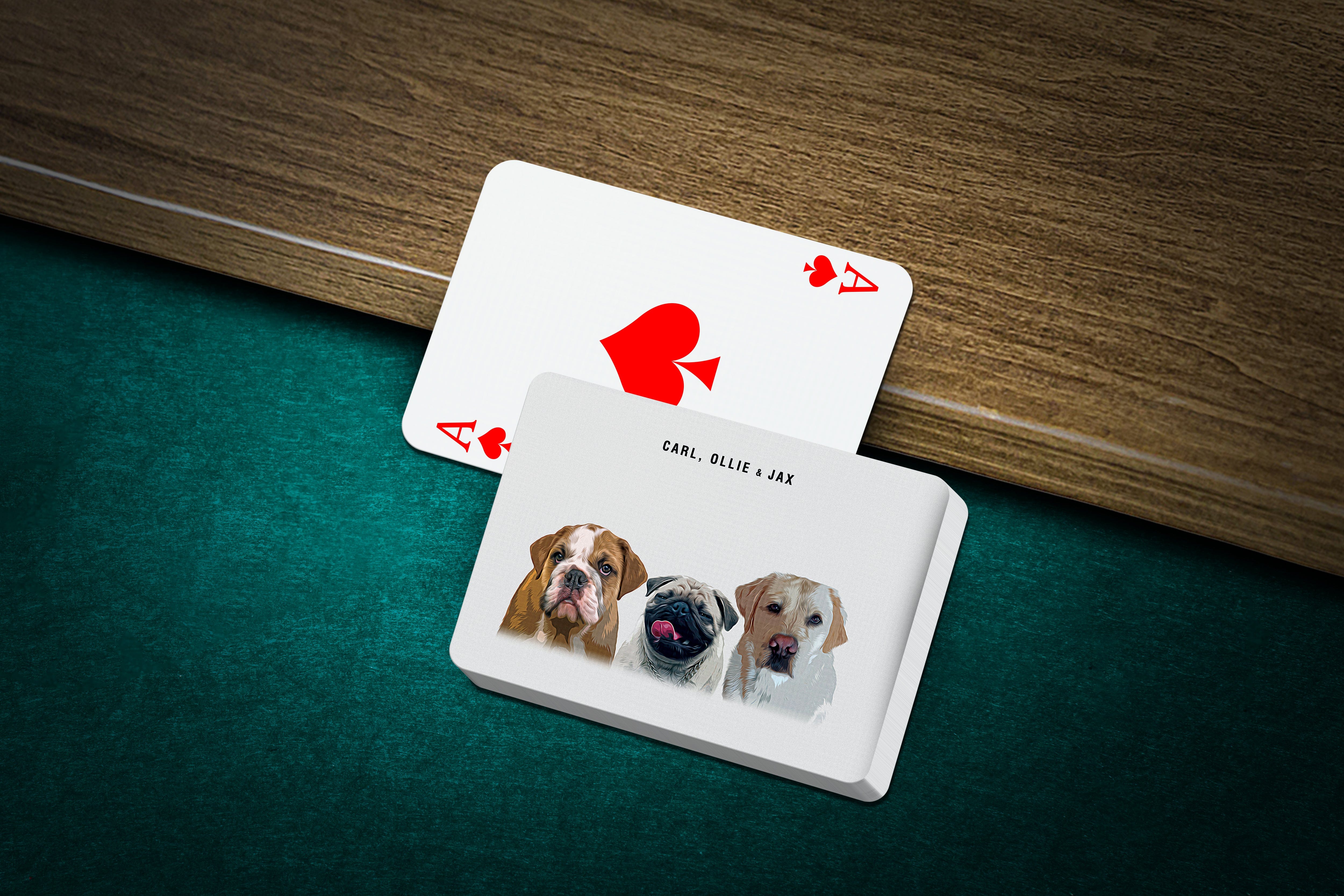 Personalized playing cards featuring custom pet portraits of three dogs in a modern style.