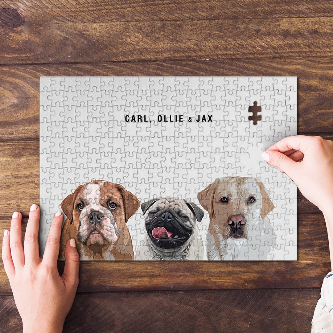 Personalized modern 3 pet puzzle featuring custom dog portraits on a white background.