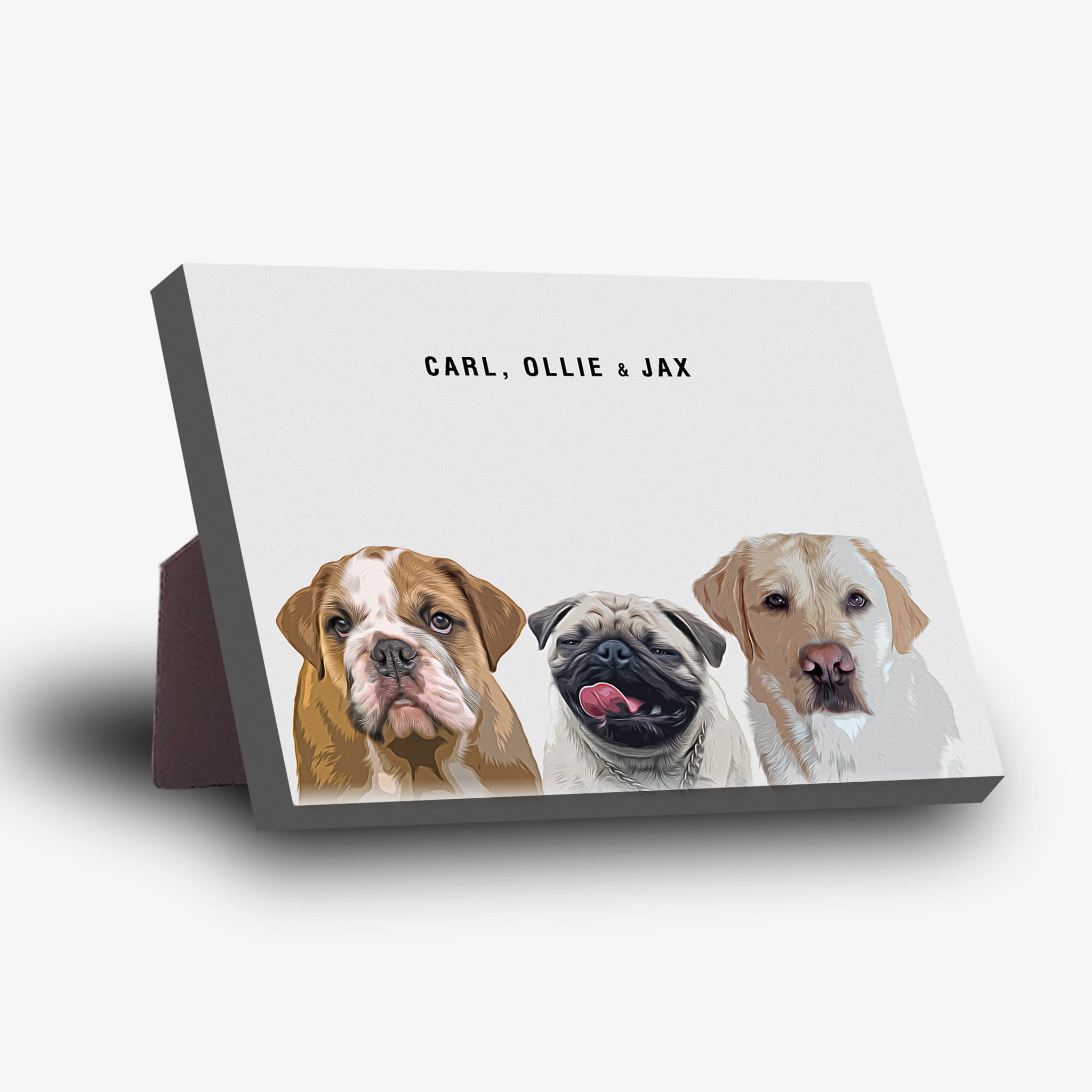Modern 3 pet standing canvas with custom portraits of a bulldog, pug, and labrador, named Carl, Ollie & Jax.